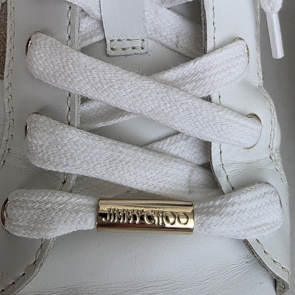 Jimmy Choo Cash White and Gold Women's Sneakers - Picture 5 of 12